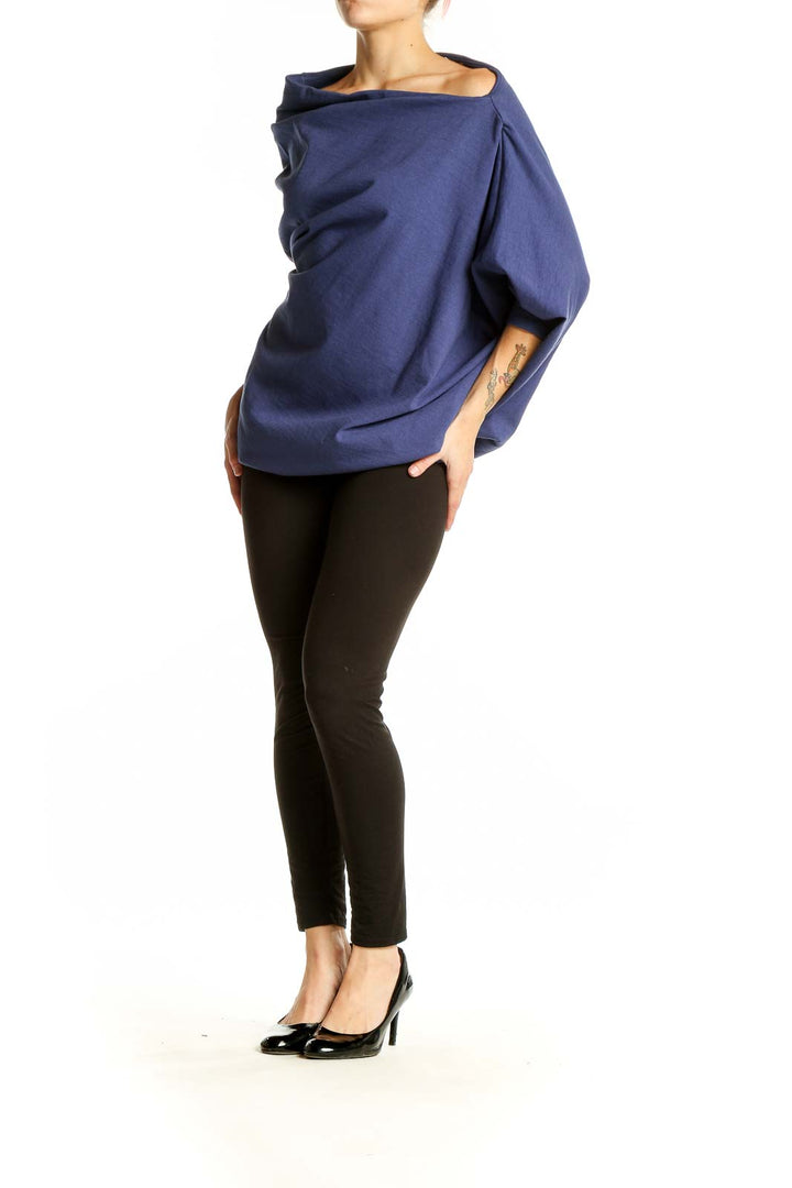 Front view of navy asymmetrical draped cotton top from FP Beach