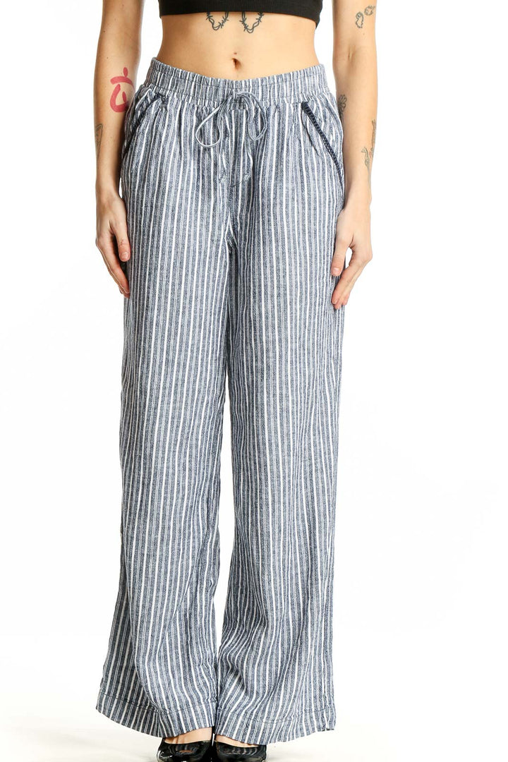 Front view of Briggs gray striped wide-leg linen blend pants