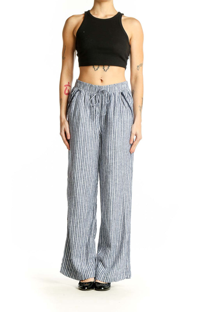 Front view of Briggs gray striped wide-leg linen blend pants