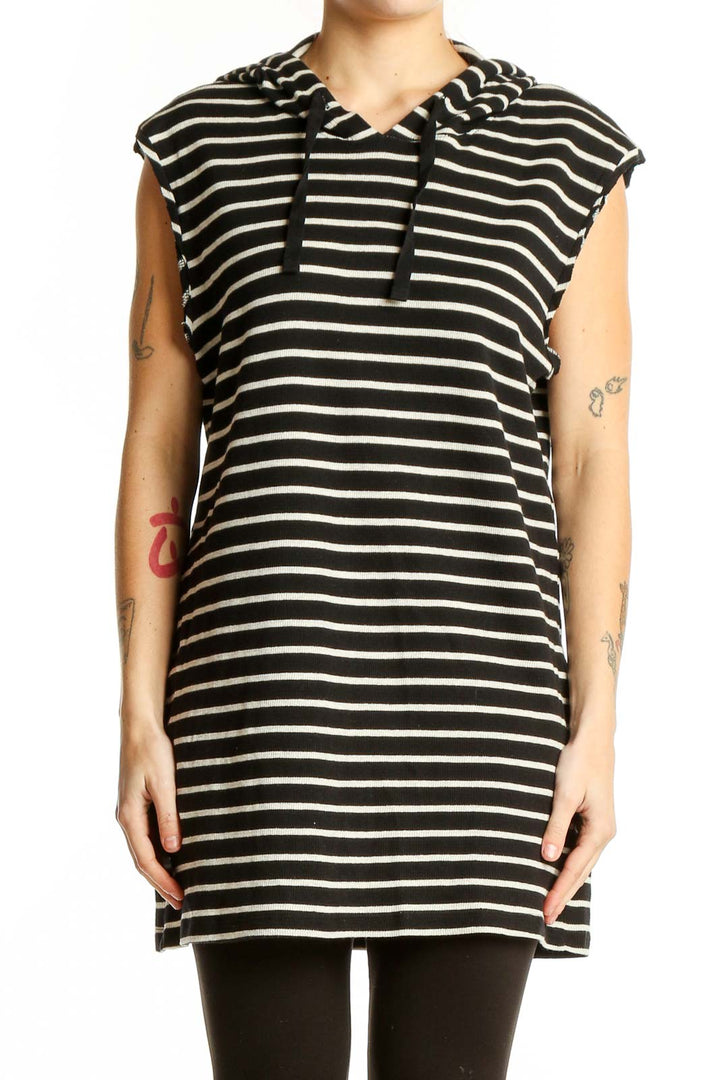 Front view of Black and White Striped Hooded Tunic Dress by Sunday