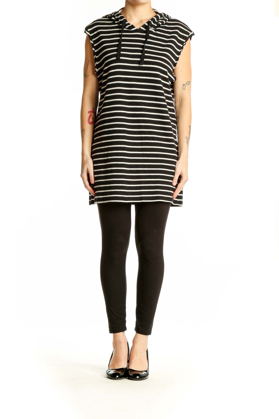 Front view of Black and White Striped Hooded Tunic Dress by Sunday