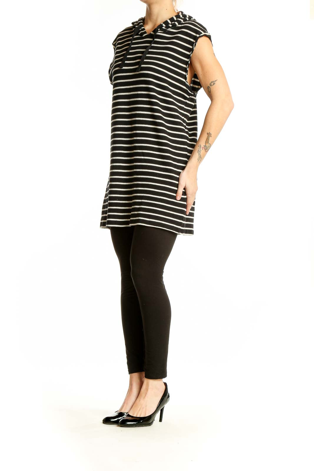 Front view of Black and White Striped Hooded Tunic Dress by Sunday