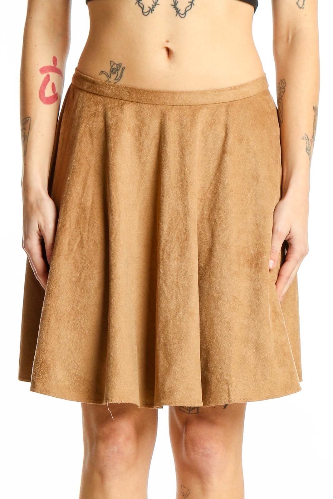 Front view of Gianni Bini camel faux suede A-line skirt