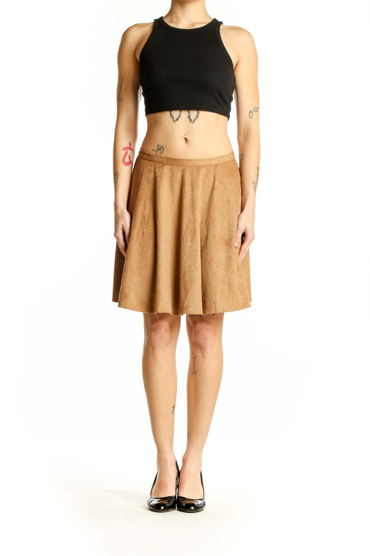 Front view of Gianni Bini camel faux suede A-line skirt