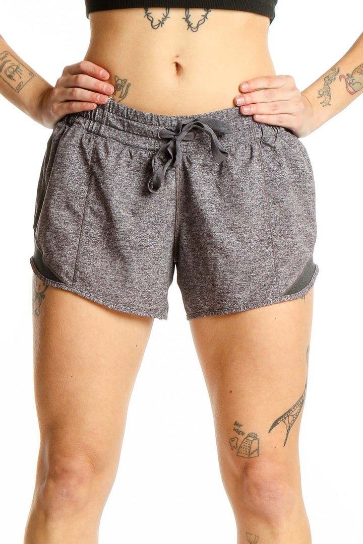 Front view of gray heathered Lululemon athletic shorts with drawstring waist