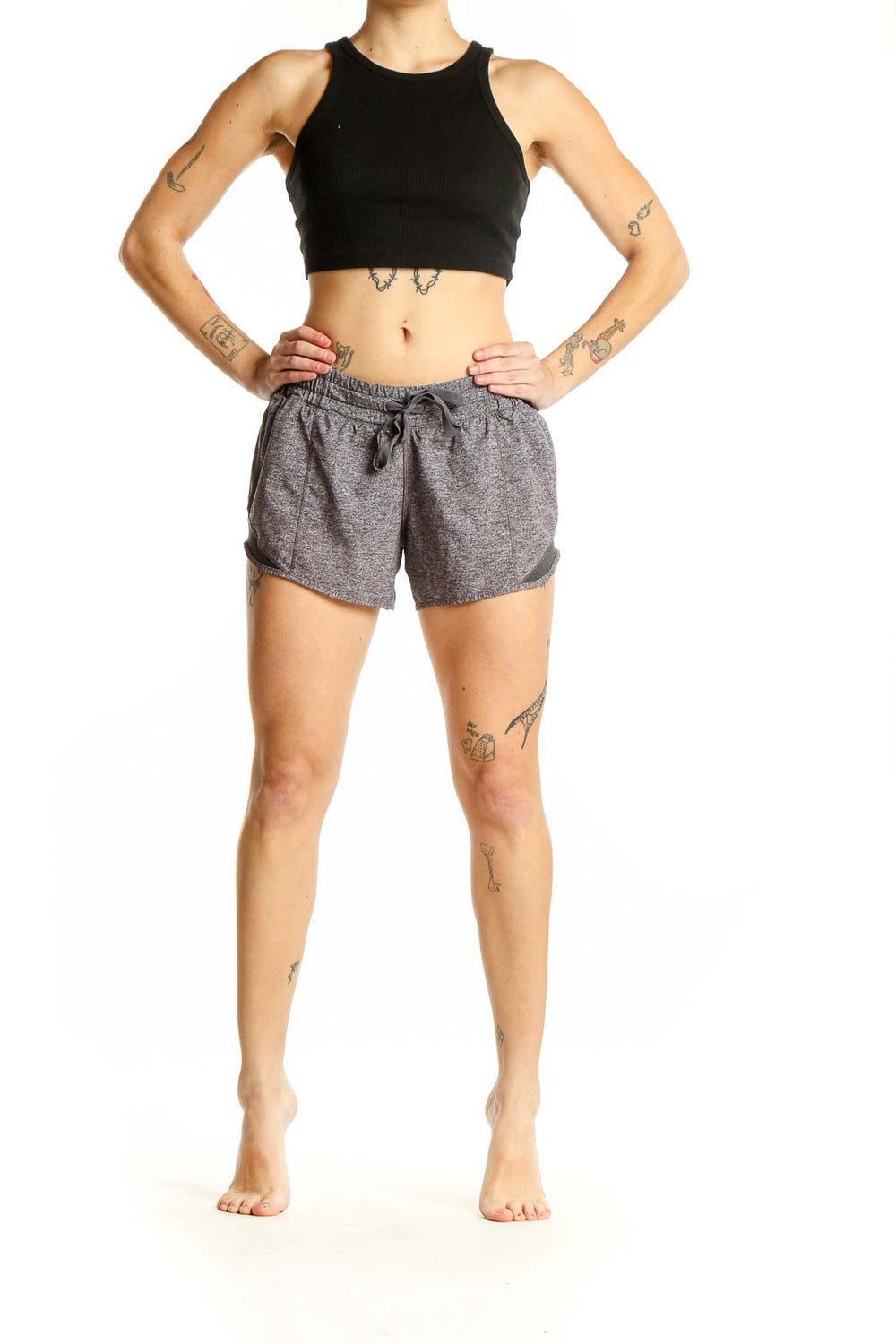 Front view of gray heathered Lululemon athletic shorts with drawstring waist