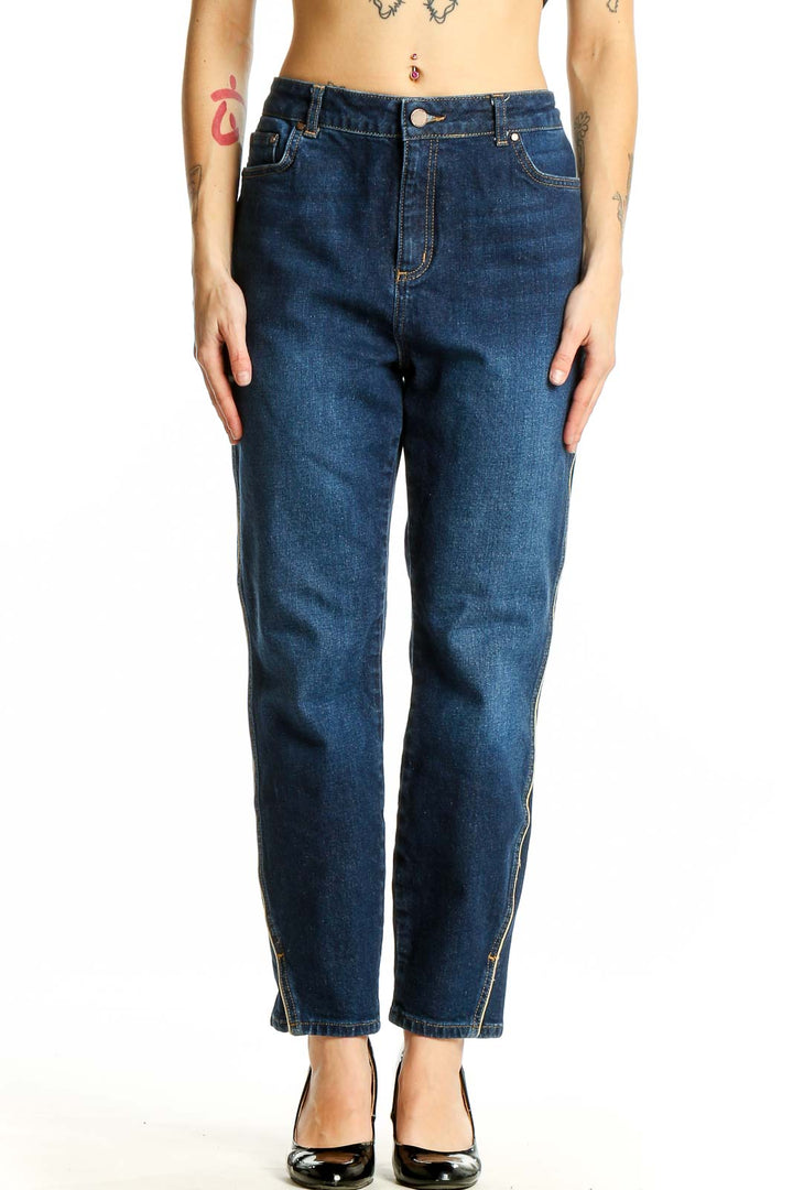 Front view of Boden dark blue high-waisted straight leg jeans