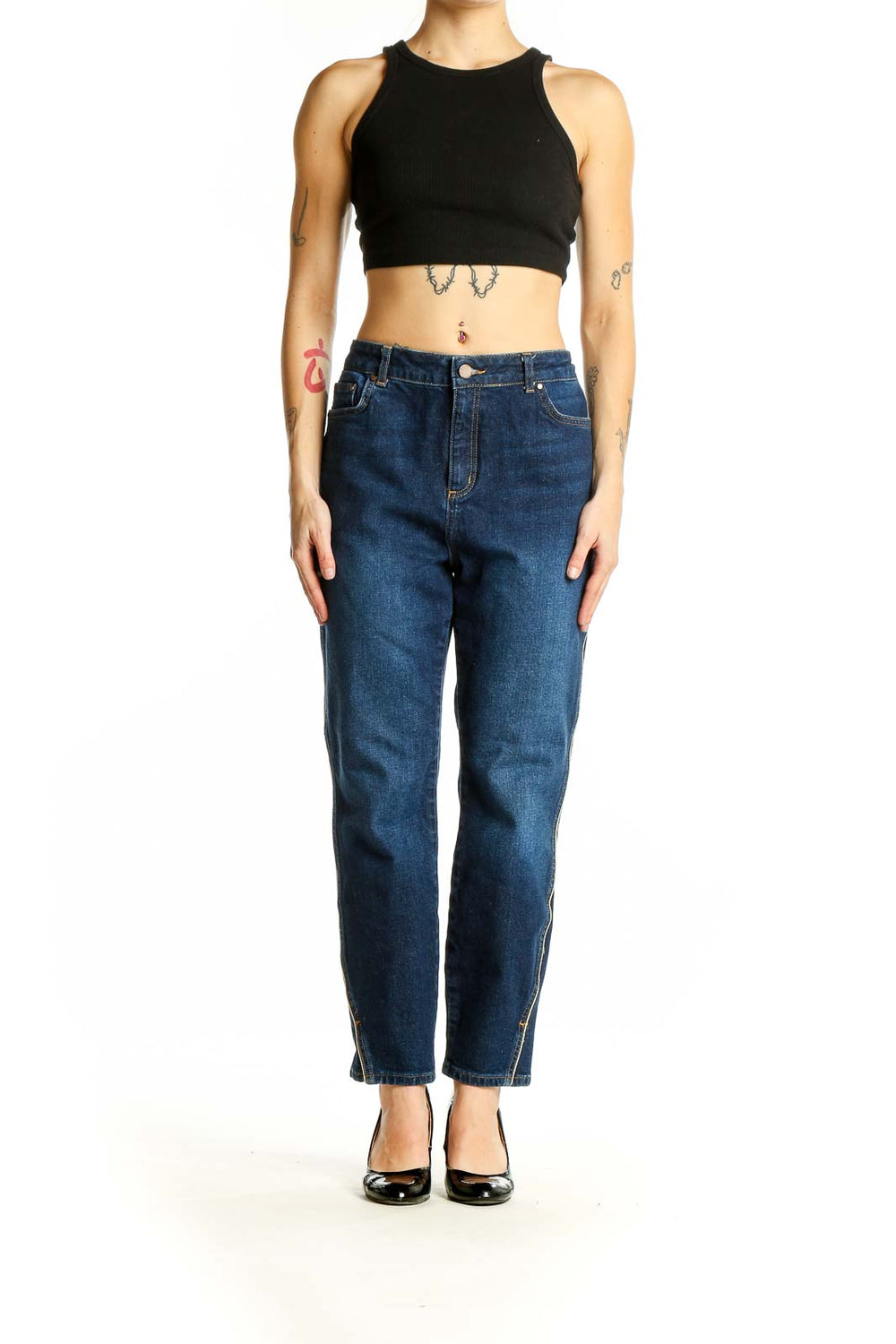 Front view of Boden dark blue high-waisted straight leg jeans