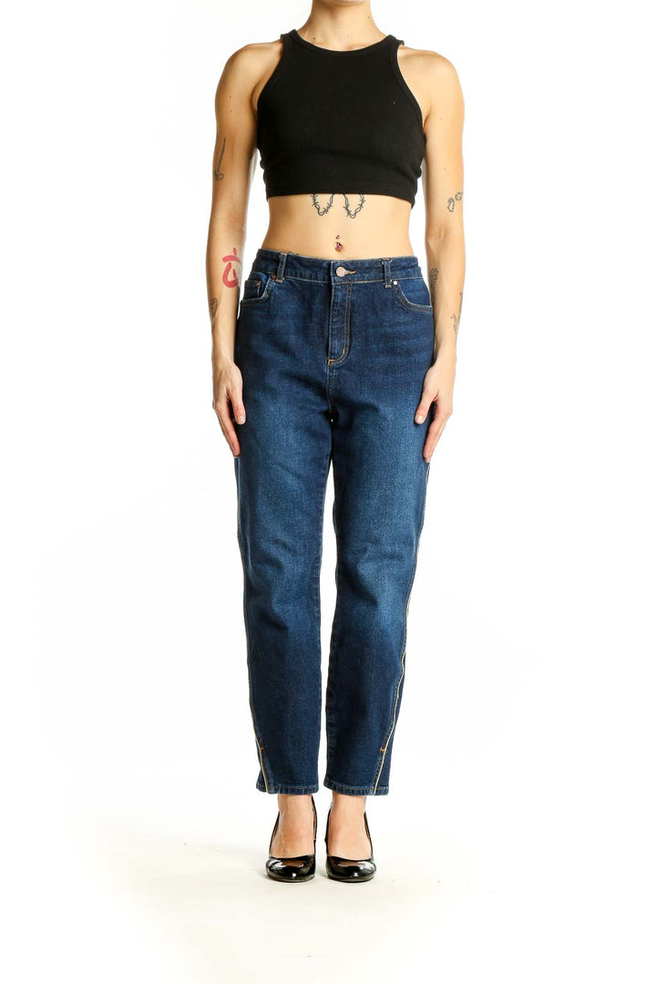 Front view of Boden dark blue high-waisted straight leg jeans