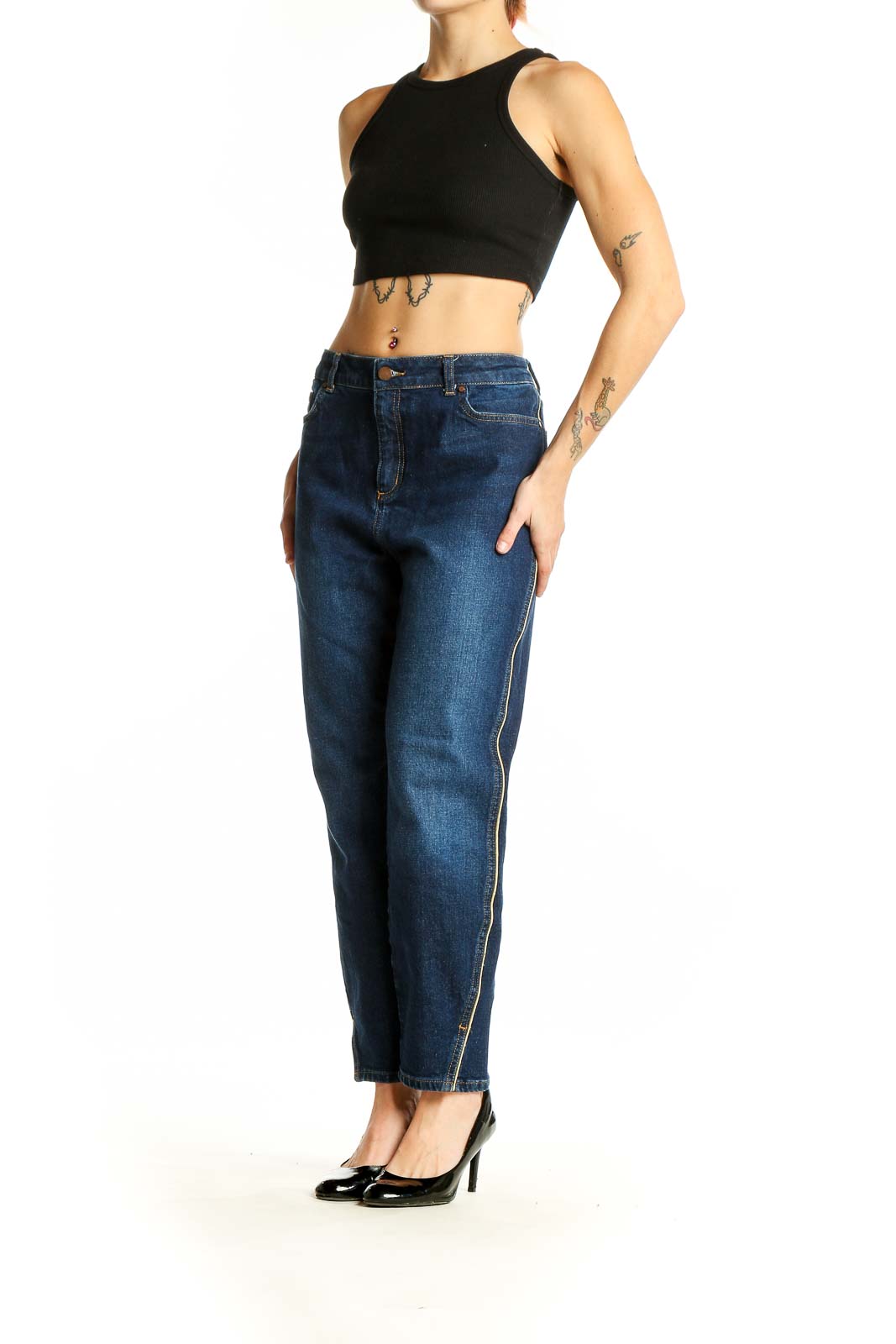 Front view of Boden dark blue high-waisted straight leg jeans