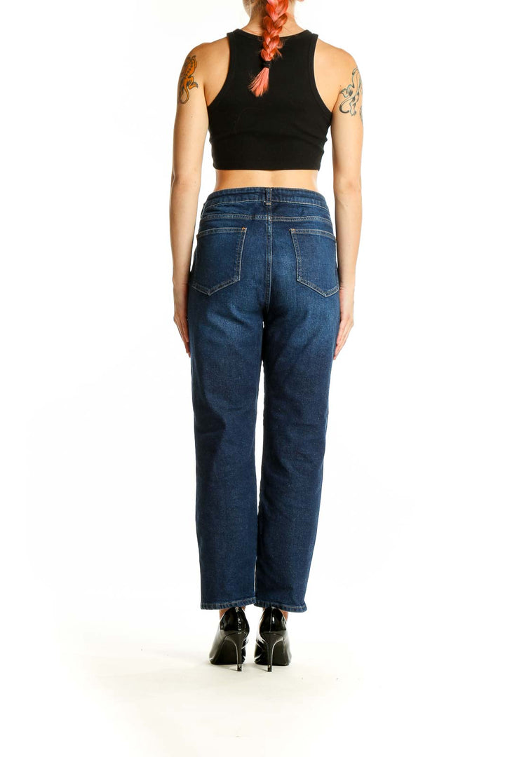 Back view of Boden dark blue high-waisted straight leg jeans on model