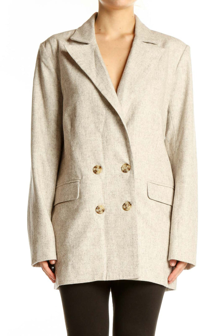 Front view of beige double-breasted blazer from My Essential Wardrobe