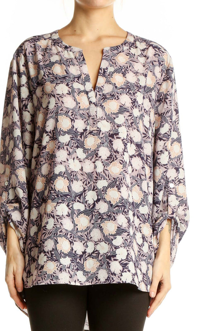 Front view of Daniel Rainn purple floral print tunic top