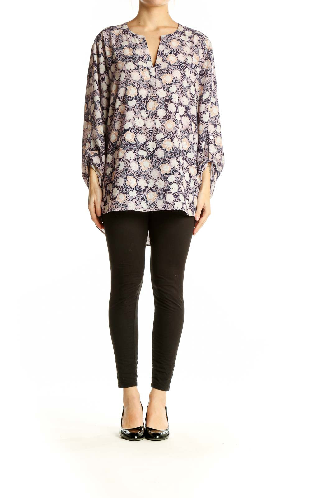 Front view of Daniel Rainn purple floral print tunic top