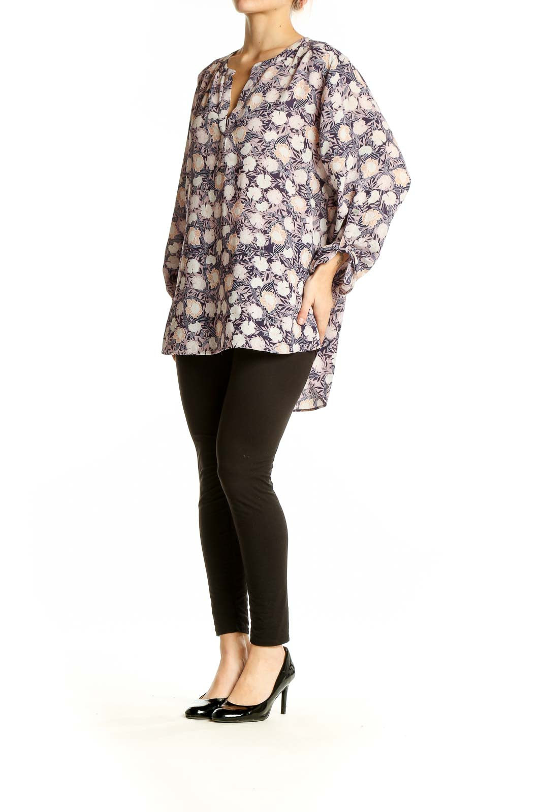 Front view of Daniel Rainn purple floral print tunic top