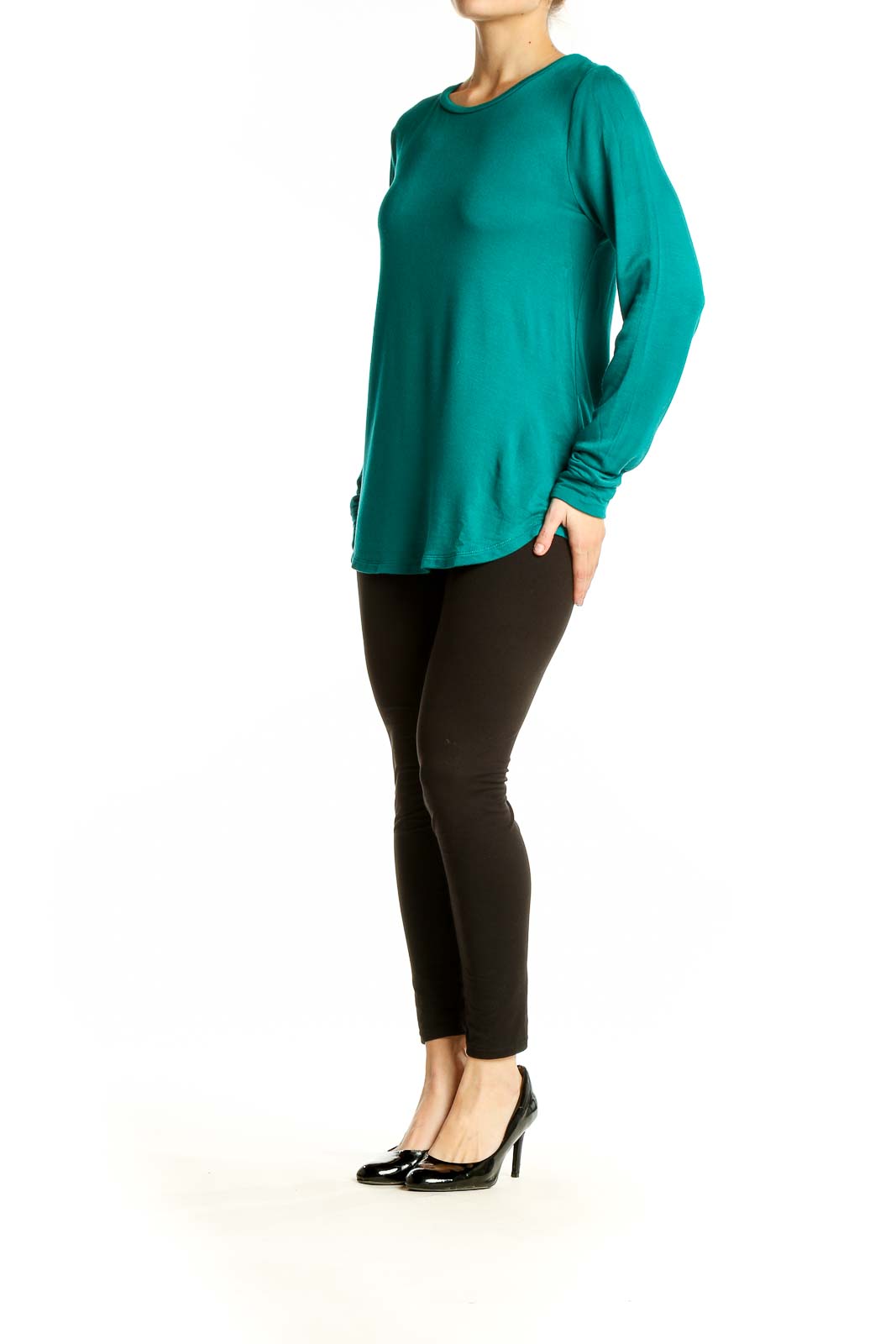 Front view of teal J.Crew long sleeve crewneck top on model