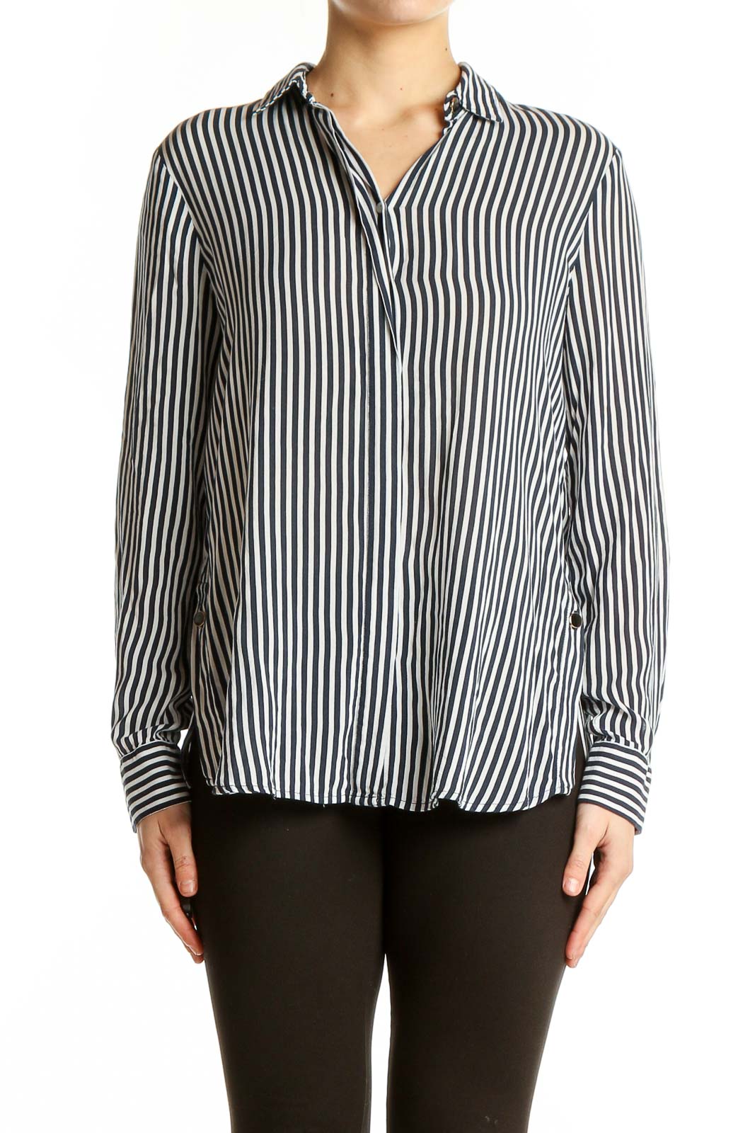 Front view of Zara Basic Black and White Striped Button-Up Shirt