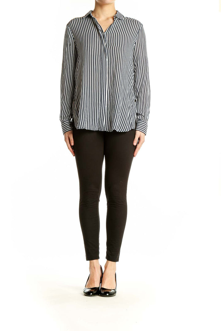 Front view of Zara Basic Black and White Striped Button-Up Shirt