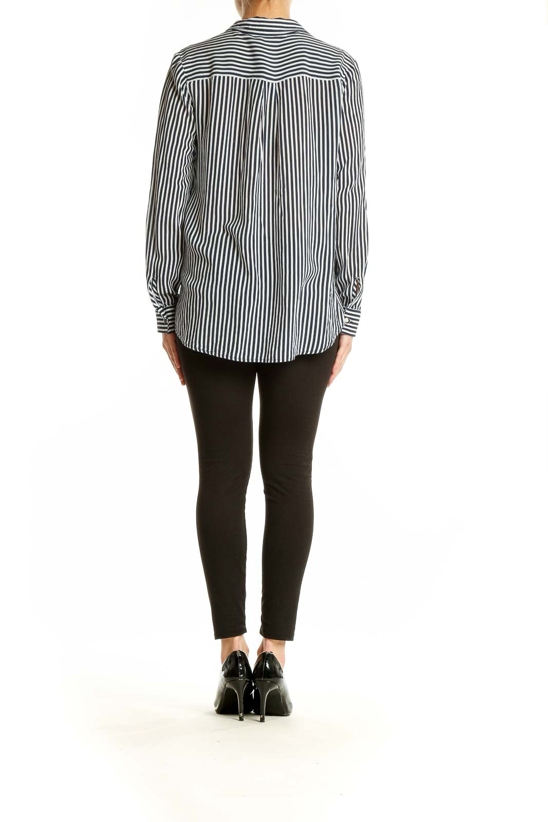 Back view of Zara Basic Black and White Striped Button-Up Shirt on model