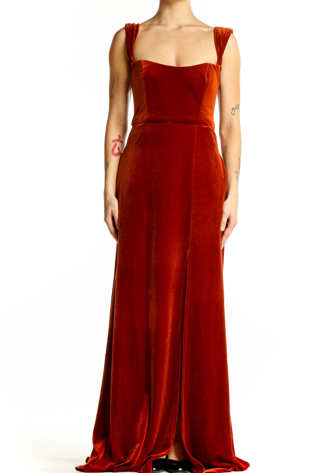 Front view of red velvet floor-length gown with sweetheart neckline