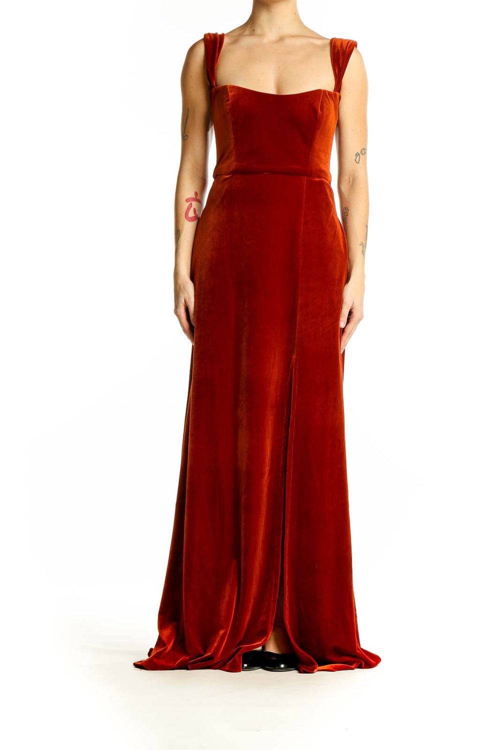 Front view of red velvet floor-length gown with sweetheart neckline