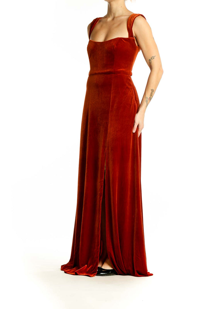 Front view of red velvet floor-length gown with sweetheart neckline