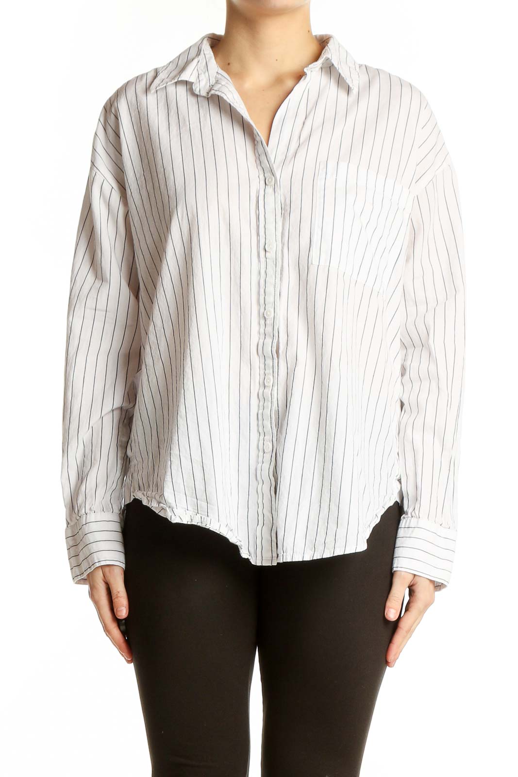 Front view of Sanctuary white striped cotton button-down shirt