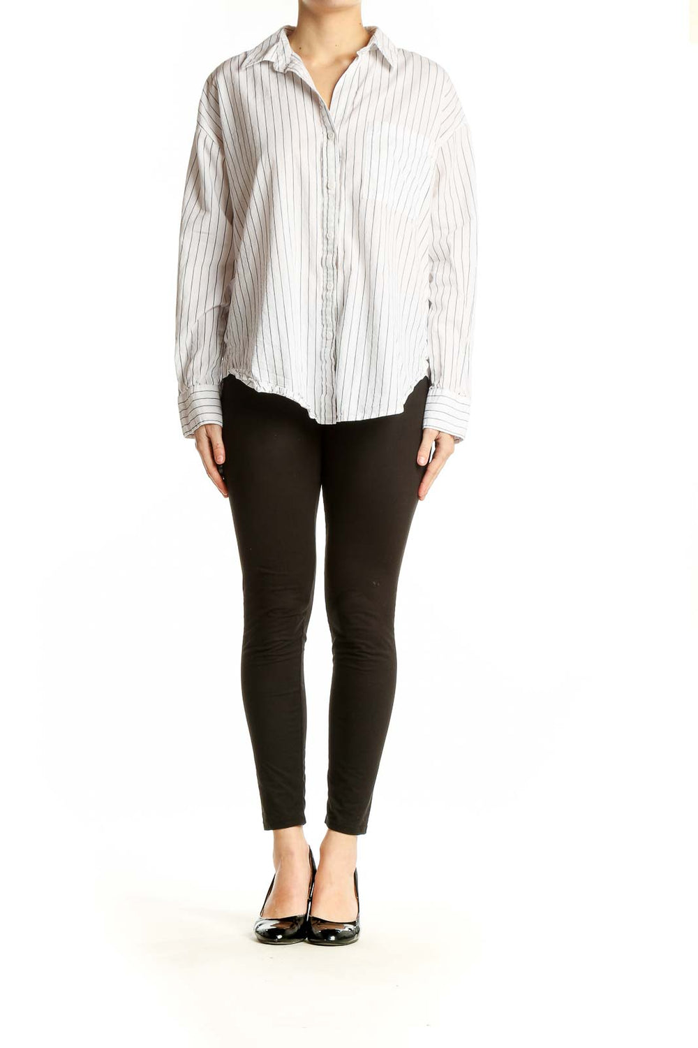 Front view of Sanctuary white striped cotton button-down shirt