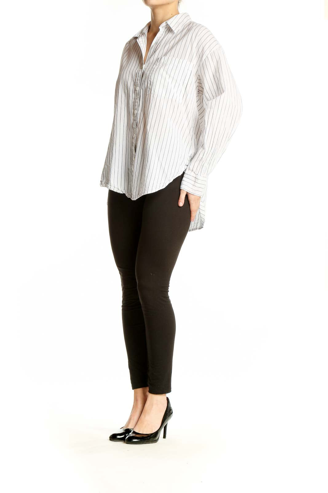 Front view of Sanctuary white striped cotton button-down shirt