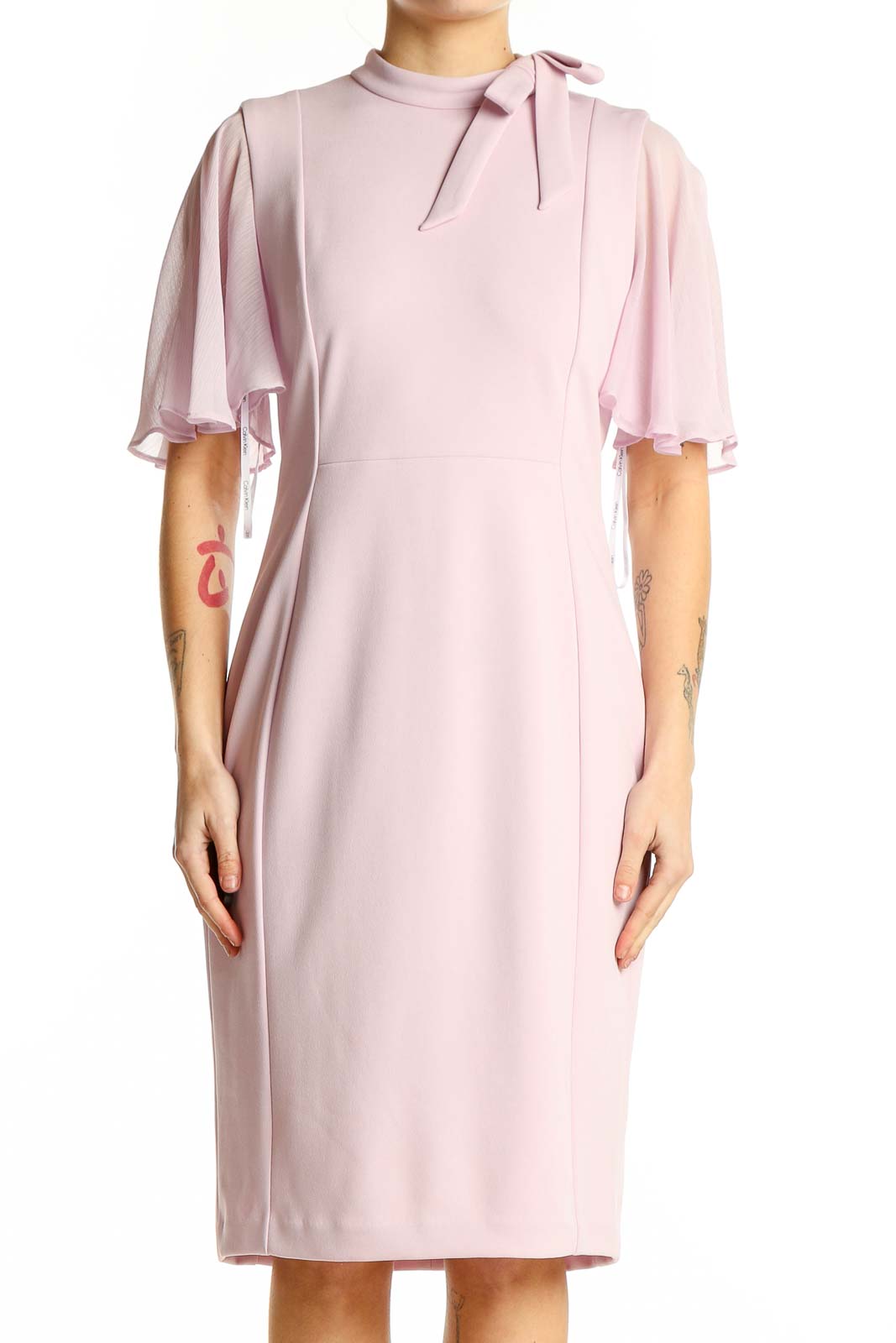 Front view of pink Calvin Klein sheath dress with flutter sleeves and tie neckline