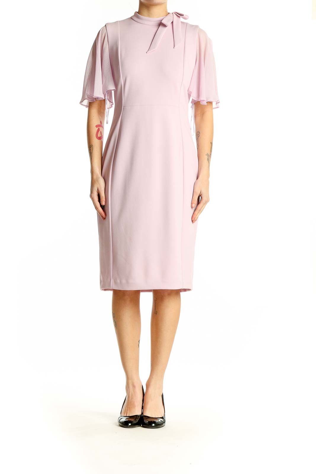 Front view of pink Calvin Klein sheath dress with flutter sleeves and tie neckline