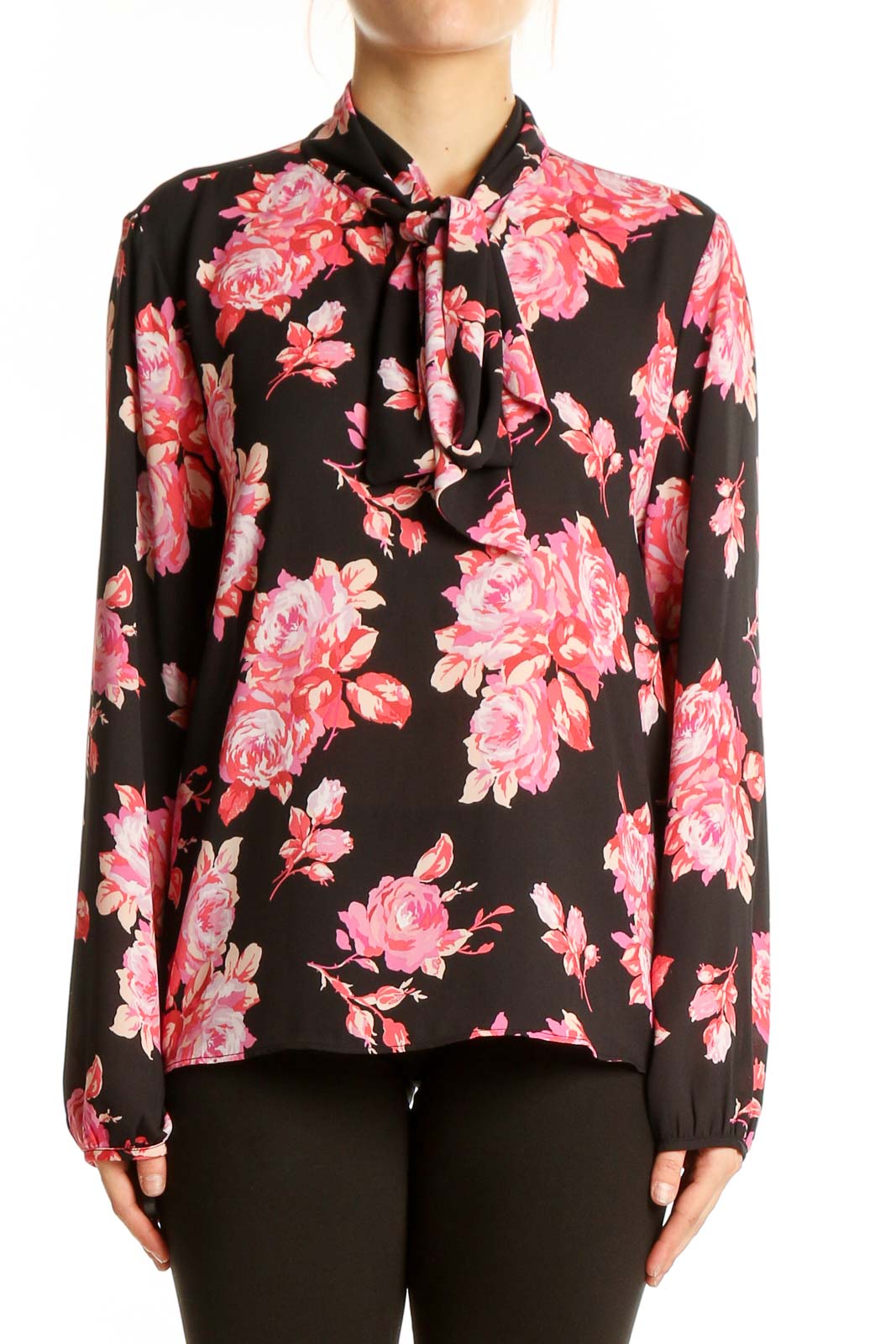 Front view of J.Crew black blouse with pink floral print and tie-neck