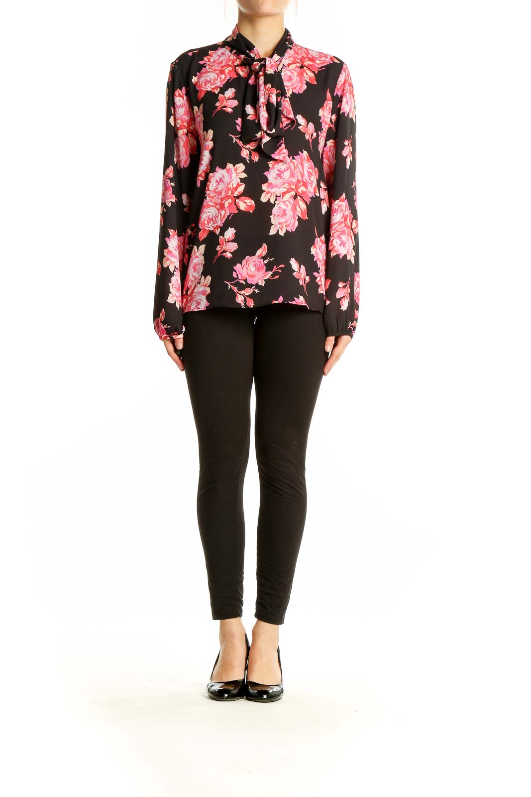 Front view of J.Crew black blouse with pink floral print and tie-neck