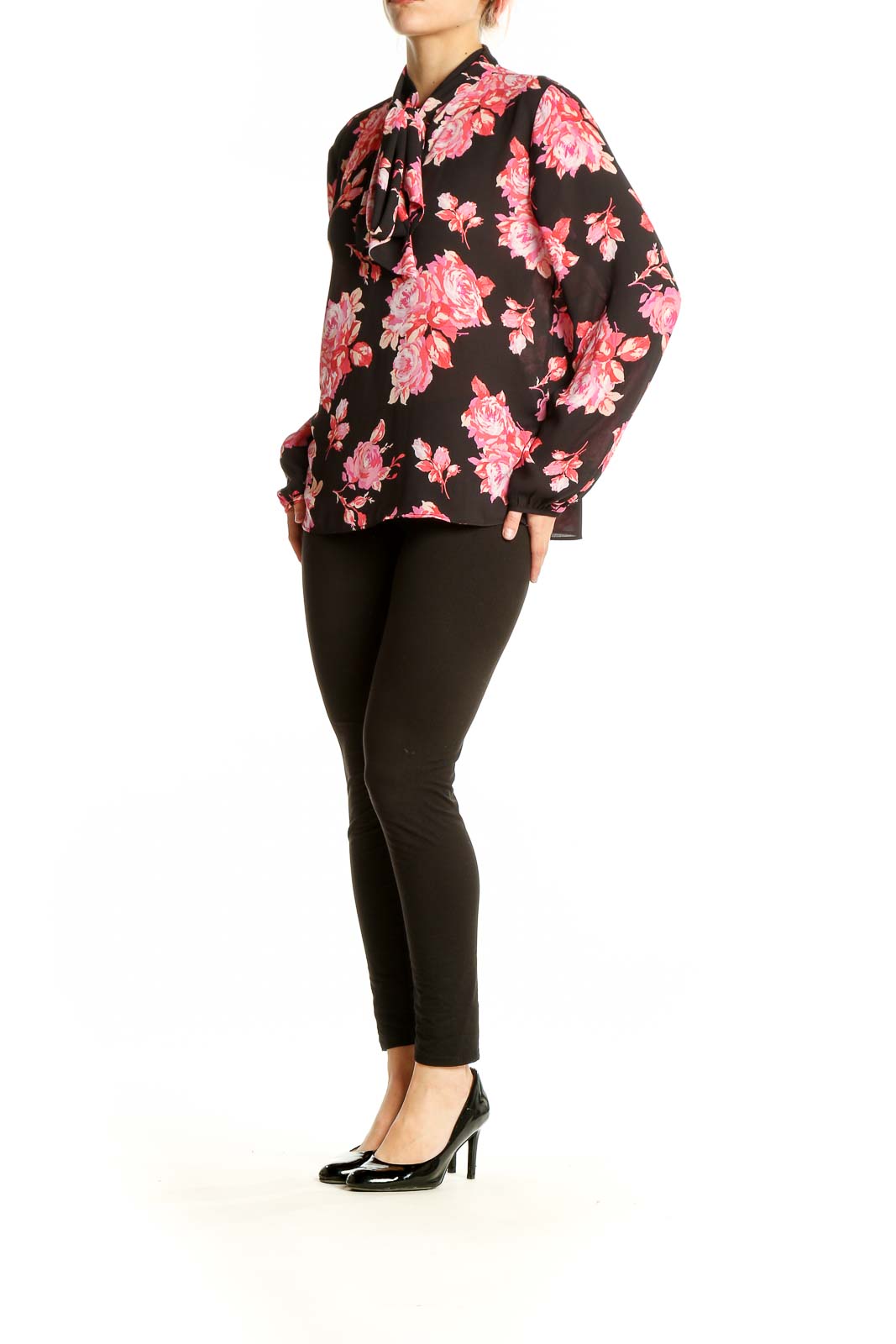 Front view of J.Crew black blouse with pink floral print and tie-neck