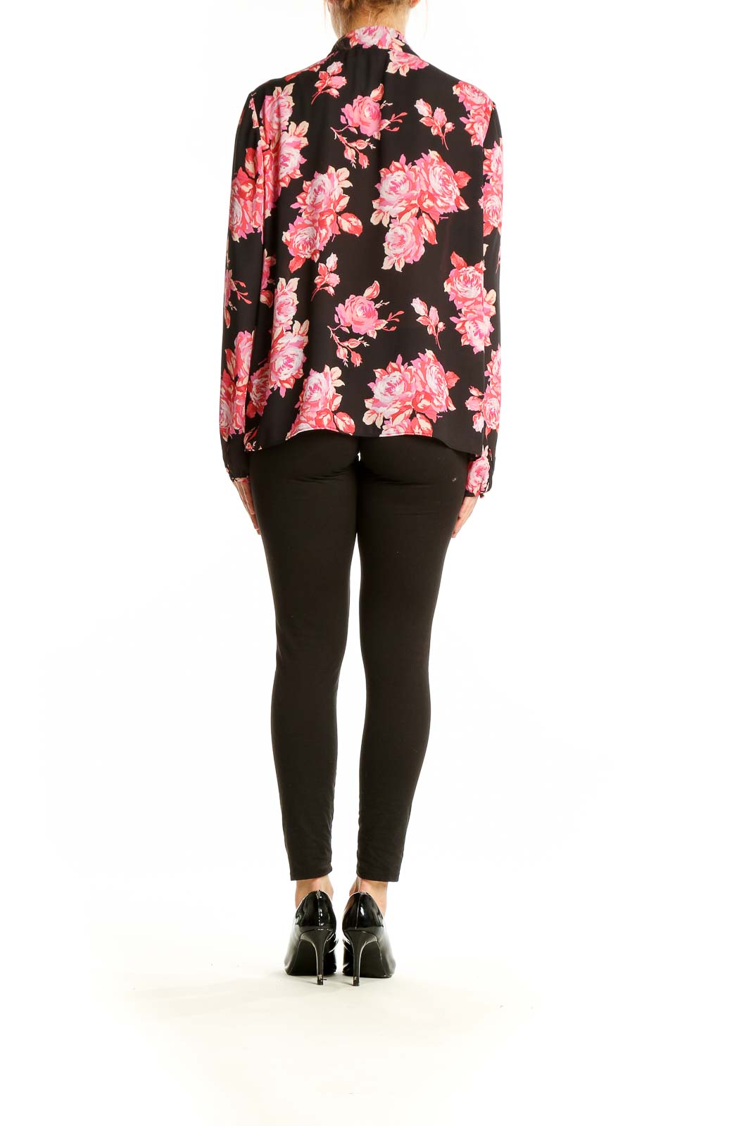 Back view of J.Crew black floral blouse showing long sleeves and relaxed fit