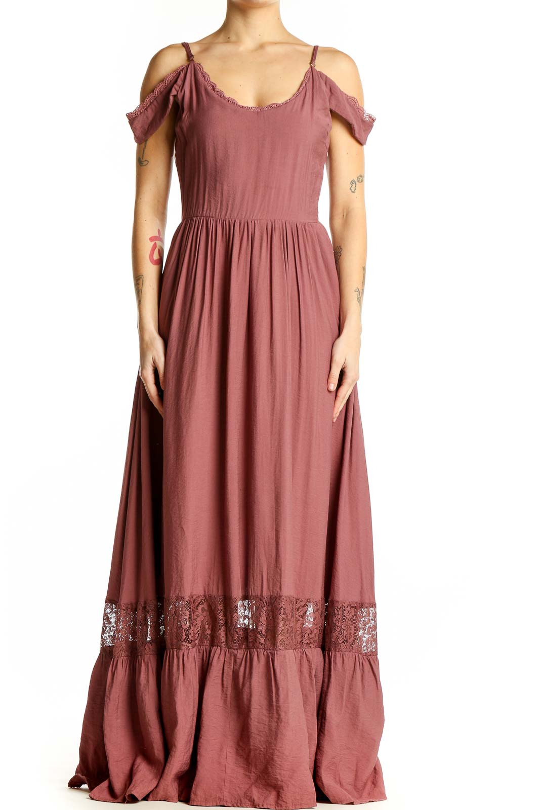 Front view of mauve cold-shoulder maxi dress with lace hem detail