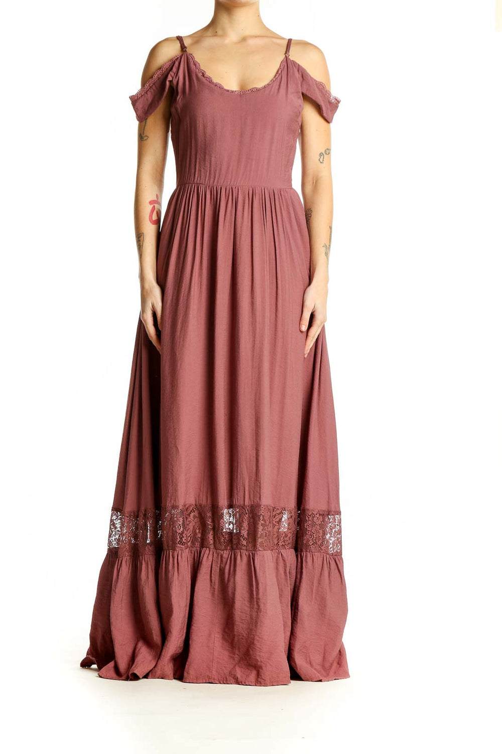 Front view of mauve cold-shoulder maxi dress with lace hem detail