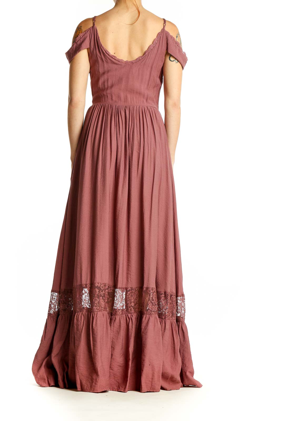 Back view of mauve cold-shoulder maxi dress showing full length and silhouette