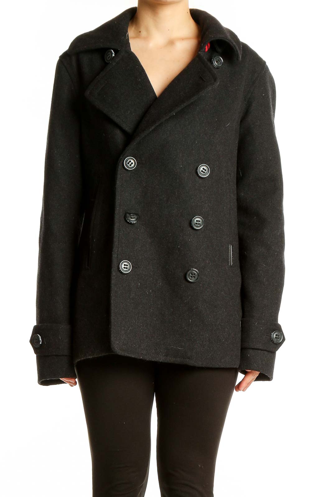 Front view of black Superdry double-breasted peacoat