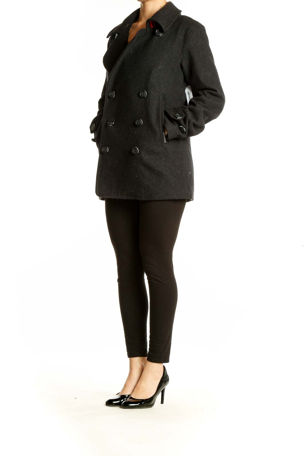 Front view of black Superdry double-breasted peacoat