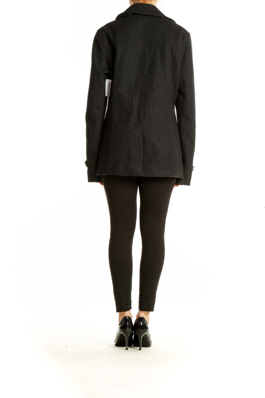 Back view of black Superdry double-breasted peacoat