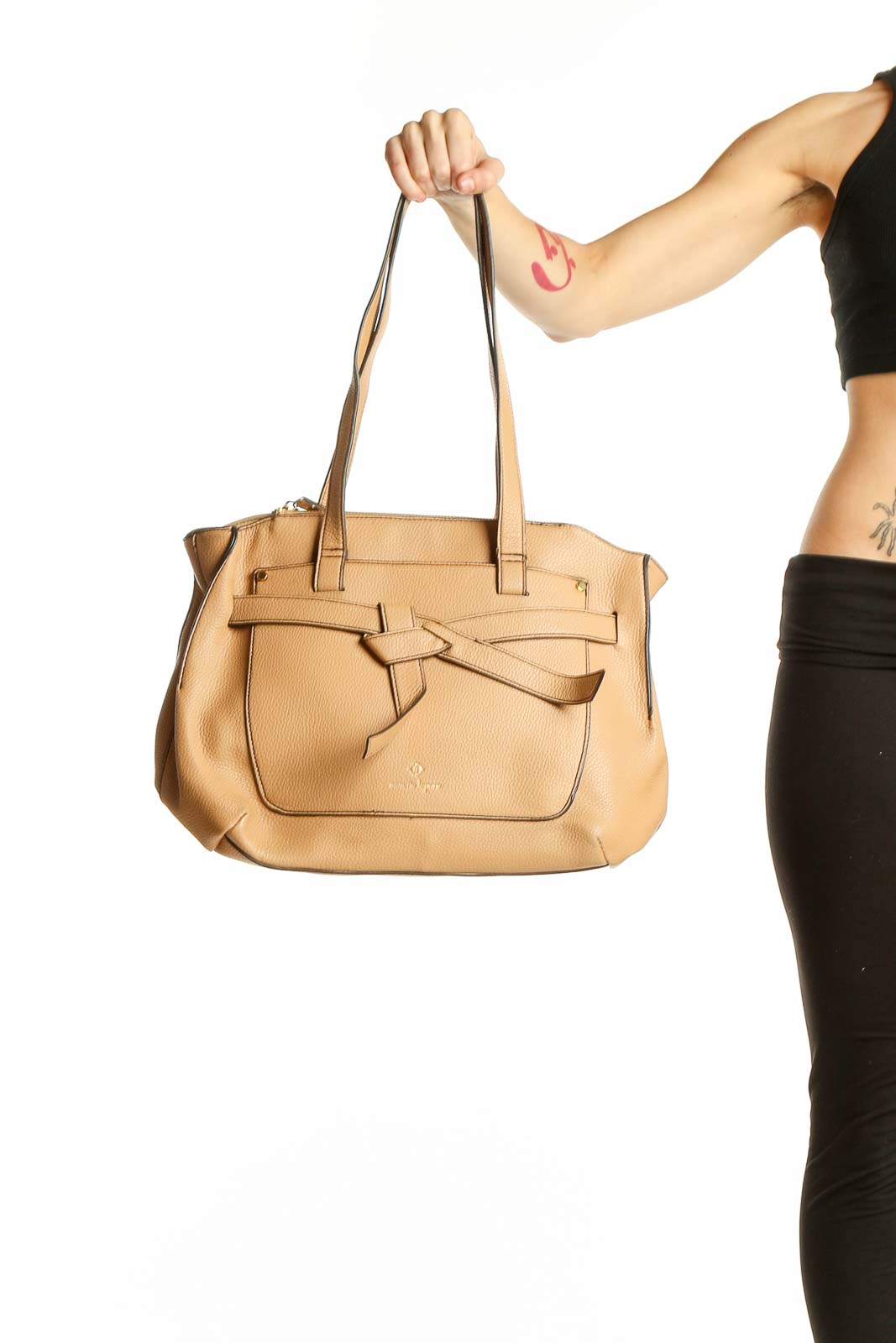 Front view of Nanette Lepore tan leather shoulder bag with bow detail