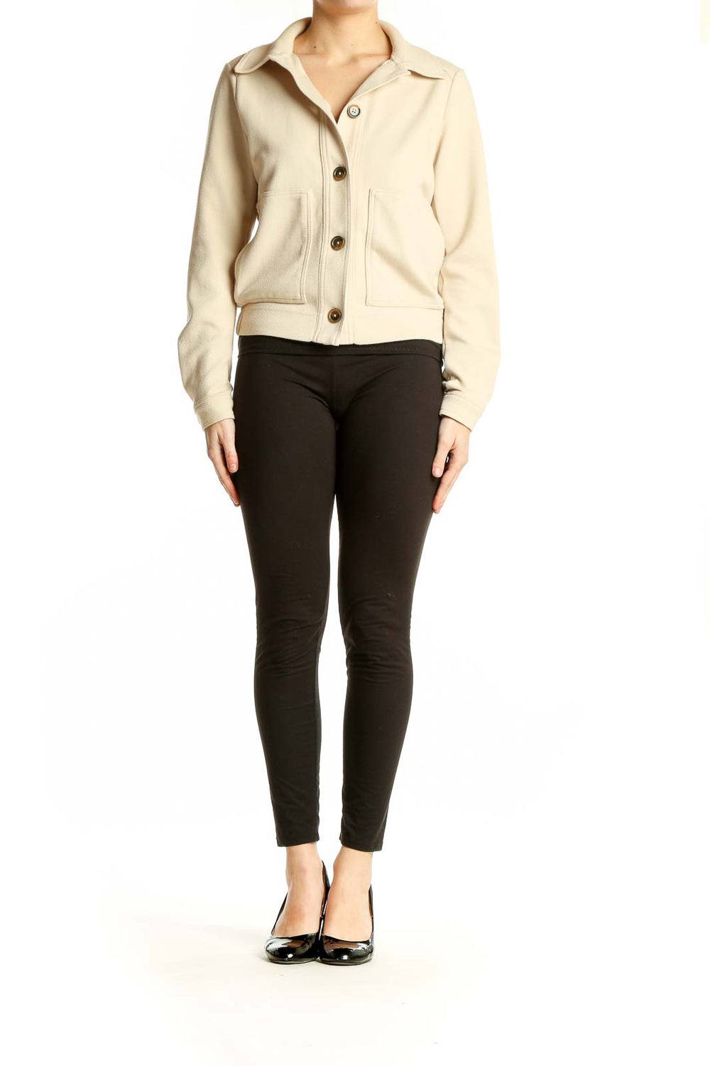 Front view of Banana Republic cream cropped jacket with button-up closure