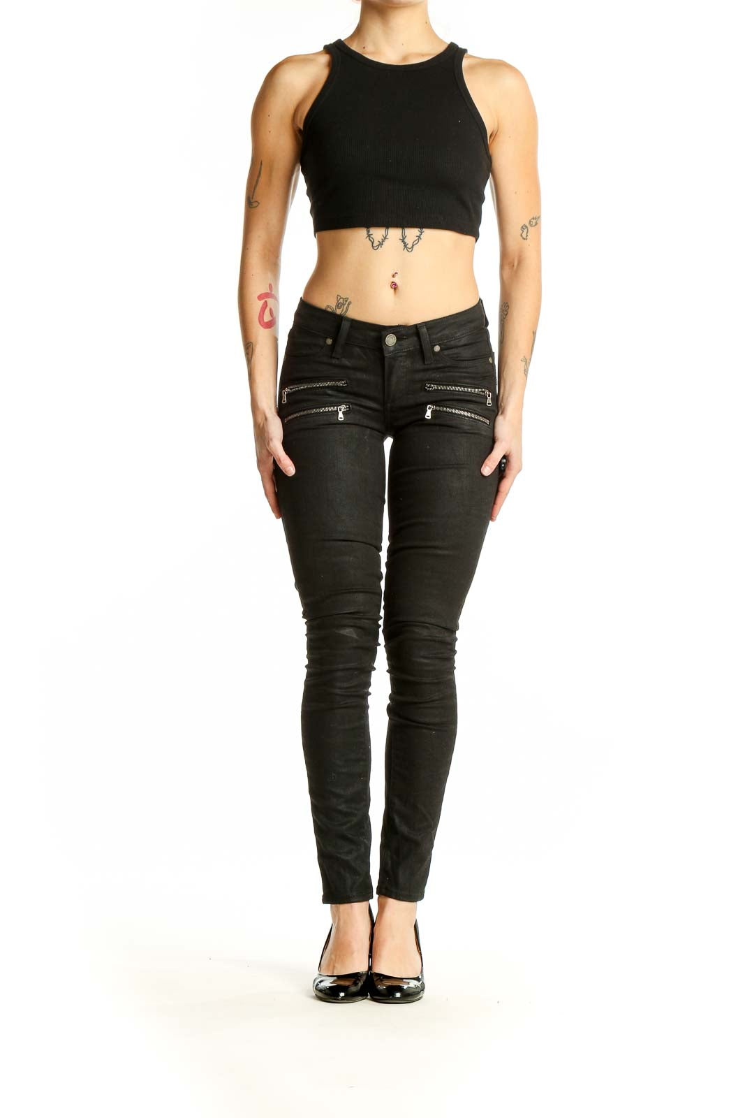 Front view of black Paige skinny jeans with zipper details