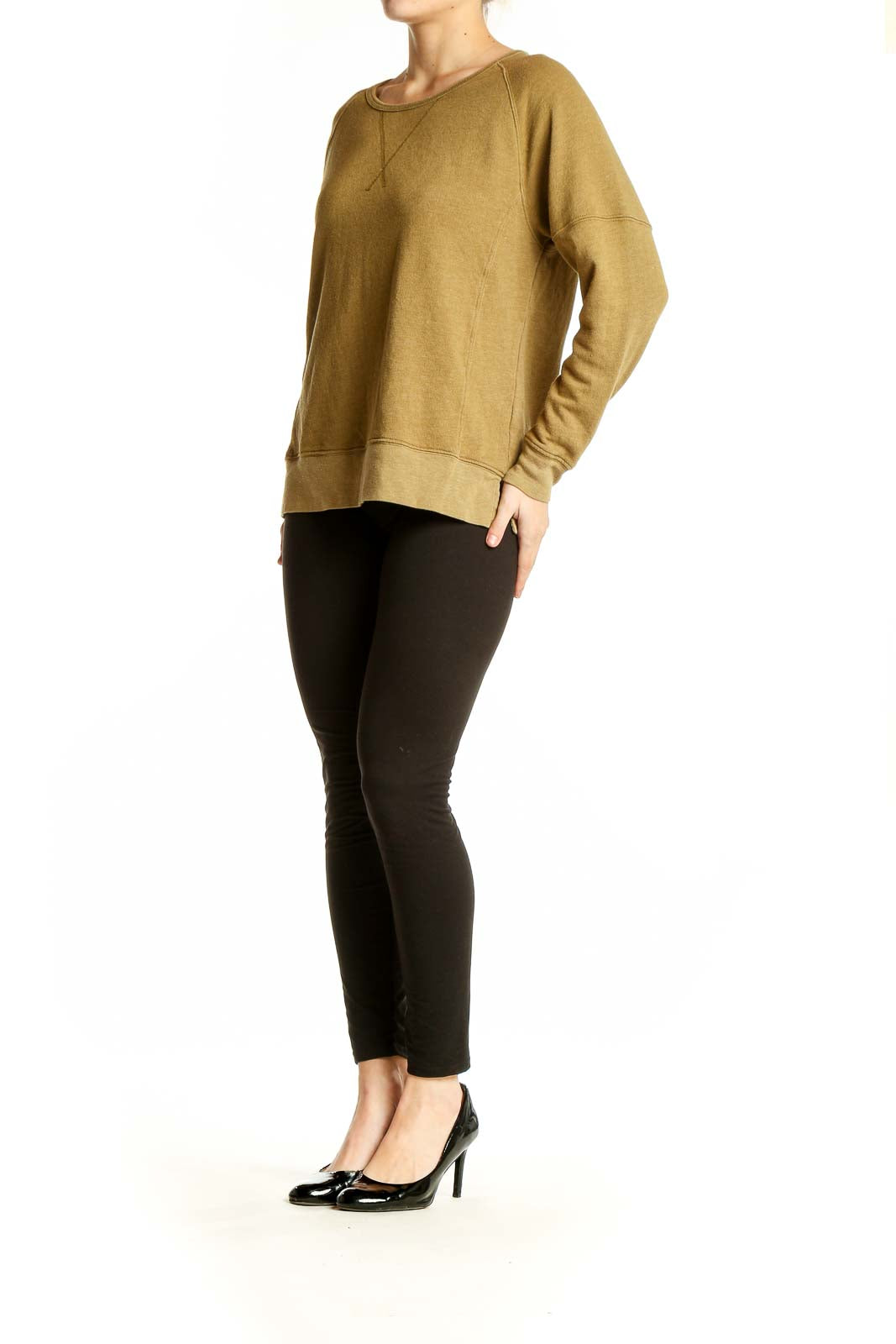 Front view of Madewell mustard raglan sleeve sweatshirt