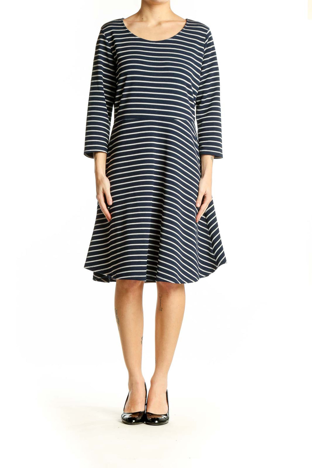 Front view of Gilli navy and white striped A-line dress with scoop neckline