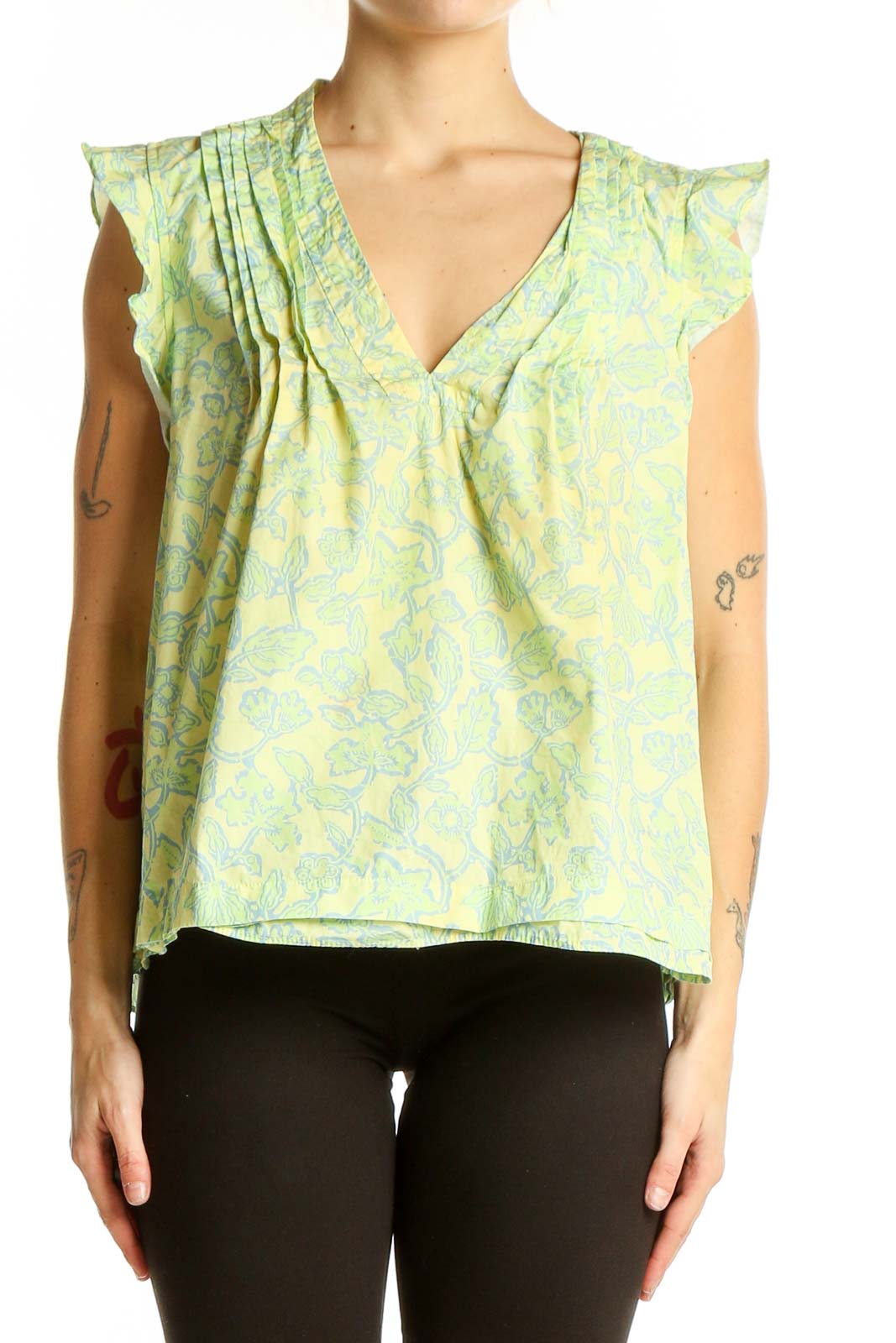 Front view of Derek Lam green floral cotton blouse with V-neck and flutter sleeves