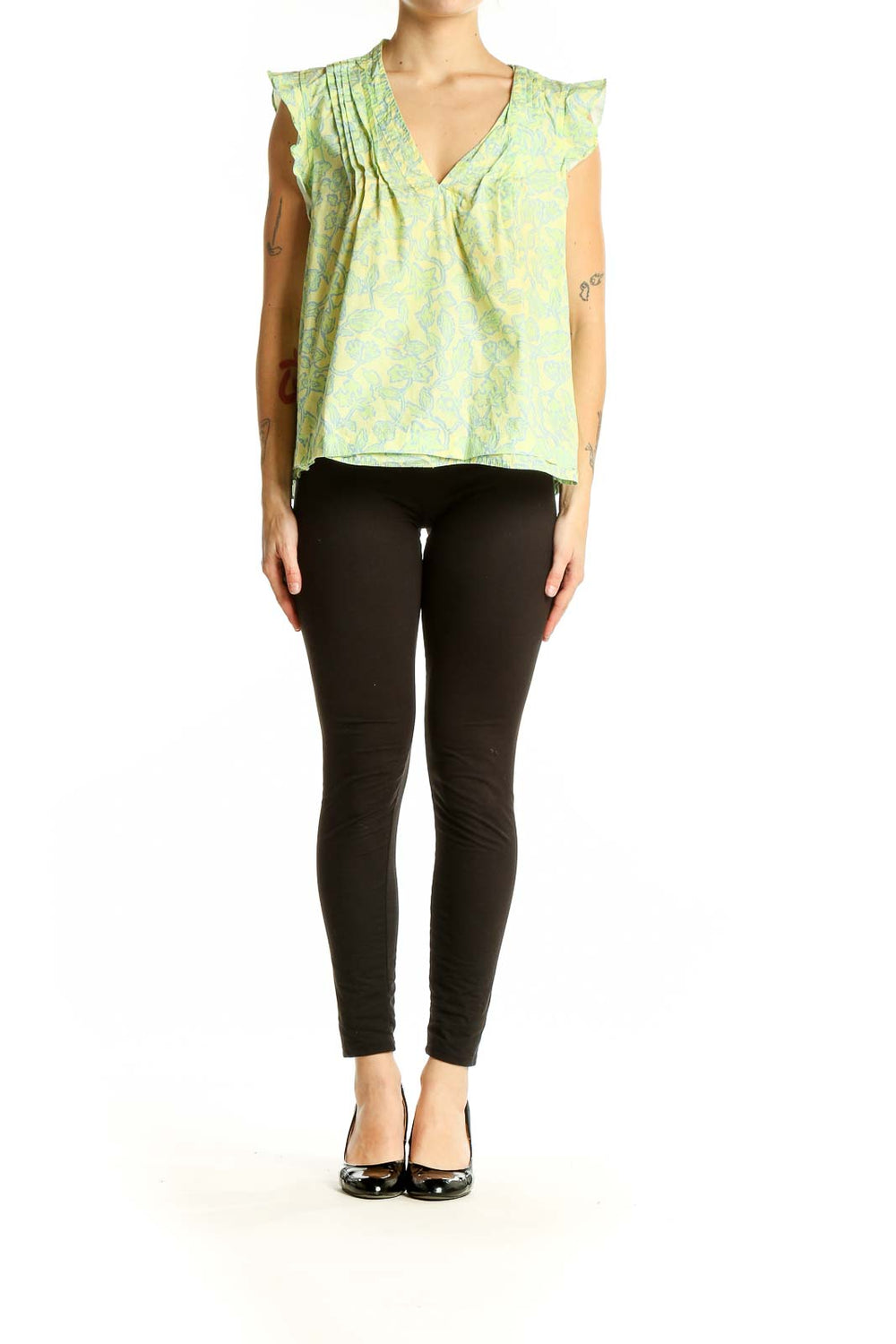 Front view of Derek Lam green floral cotton blouse with V-neck and flutter sleeves