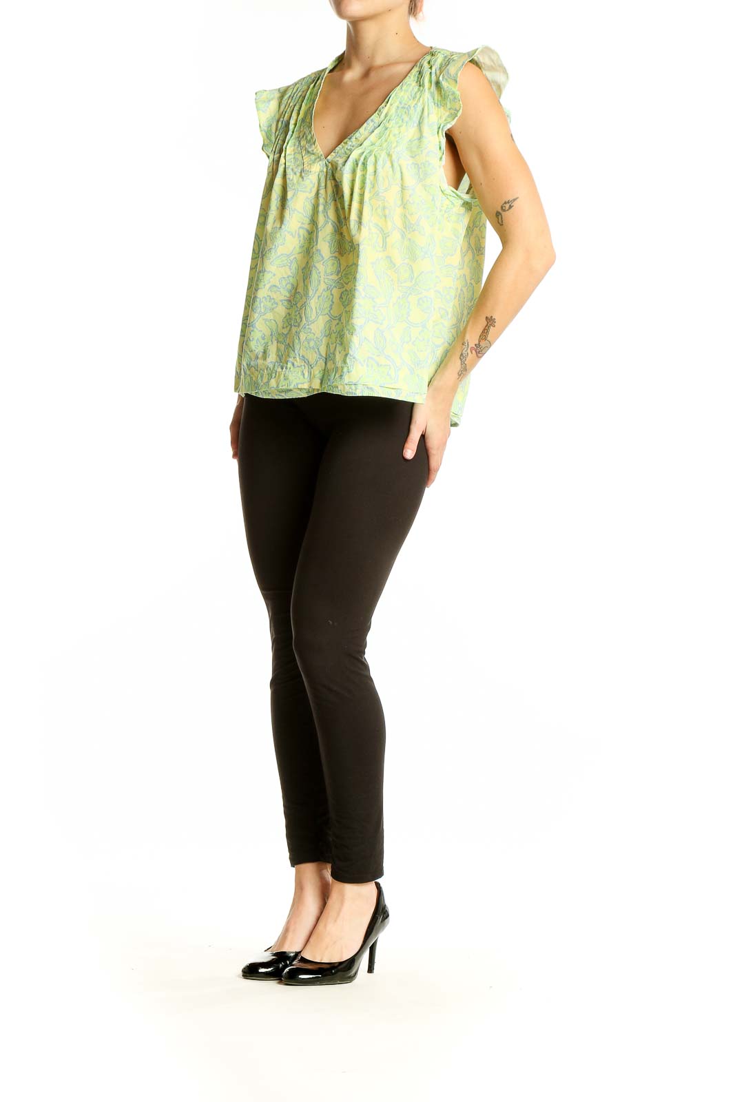 Front view of Derek Lam green floral cotton blouse with V-neck and flutter sleeves