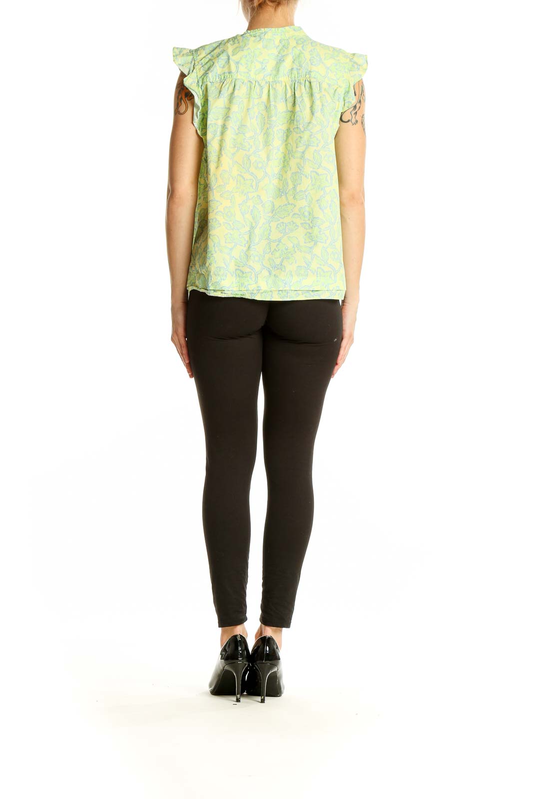 Back view of Derek Lam green floral cotton blouse showing relaxed fit and pattern